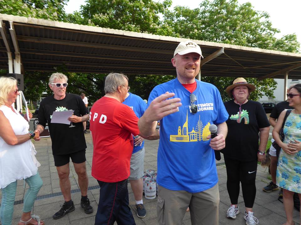 Duisburg Oberbürgermeister Link wears Portsmouth Lord Mayor Lee Mason`s Charity T-Shirt at Victory Ceremony